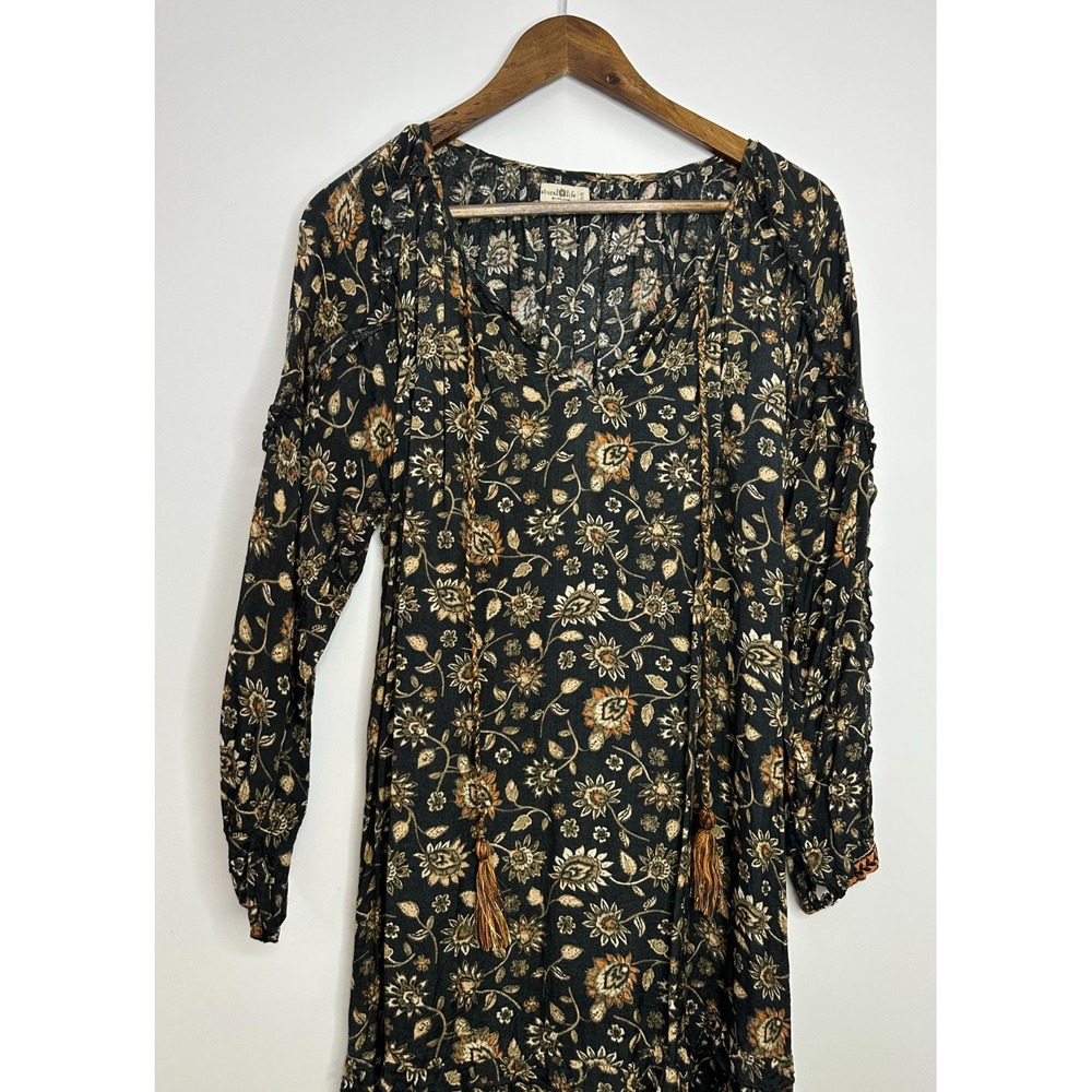 Natural Life Floral Tassel Long Sleeve Boho Shift Dress Small Ruffle Boho Fall - Picture 4 of 13